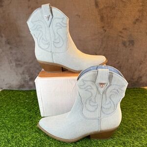 Guess Denim Cowboy Boots Light Blue Western Ankle Booties Womens Size 6.5
